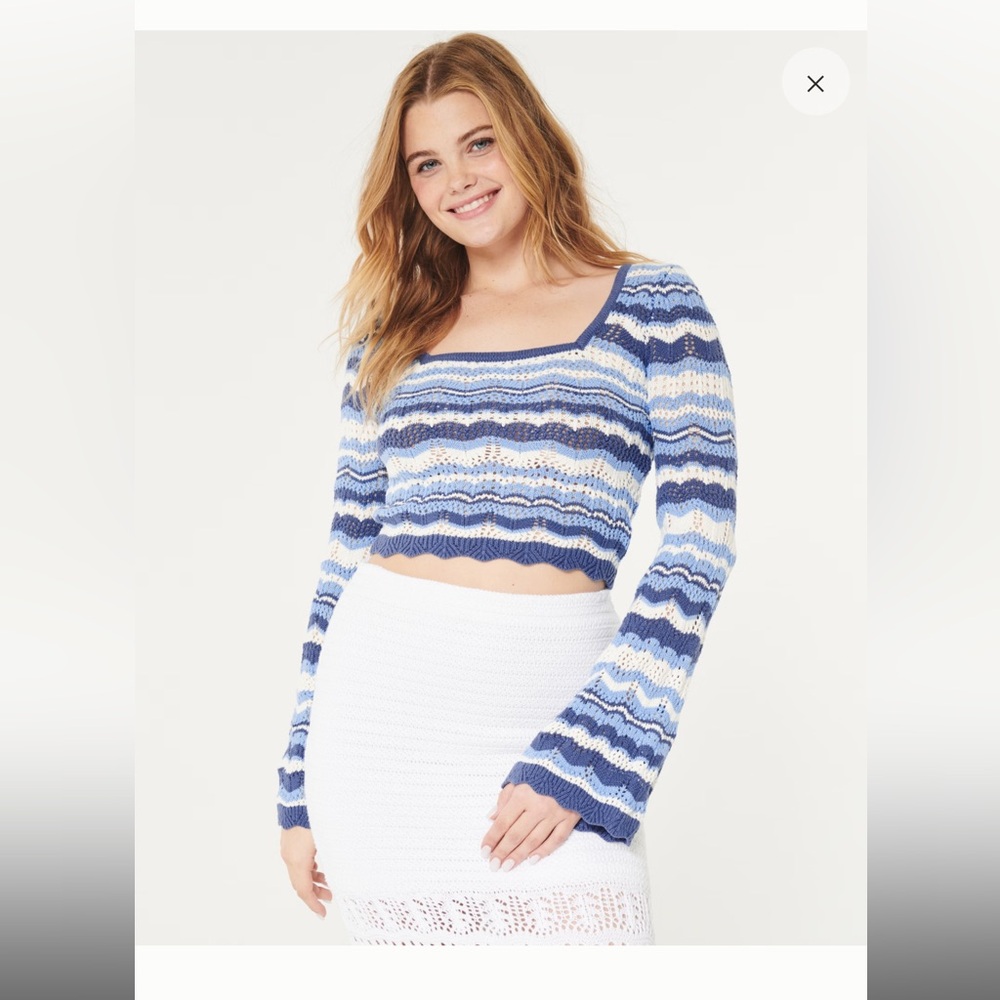 LONG-SLEEVE SQUARE-NECK CROCHET-STYLE SWEATER